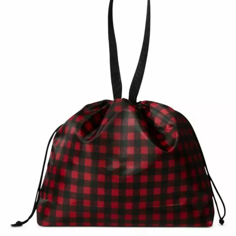 NWT Macys Red & Black Buffalo Check Plaid Nylon Large Drawstring Eco Tote Bag